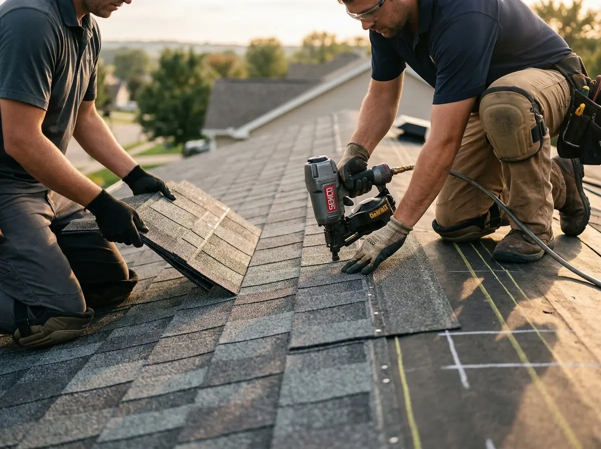 Professional roofer working on a residential roof in Atlas